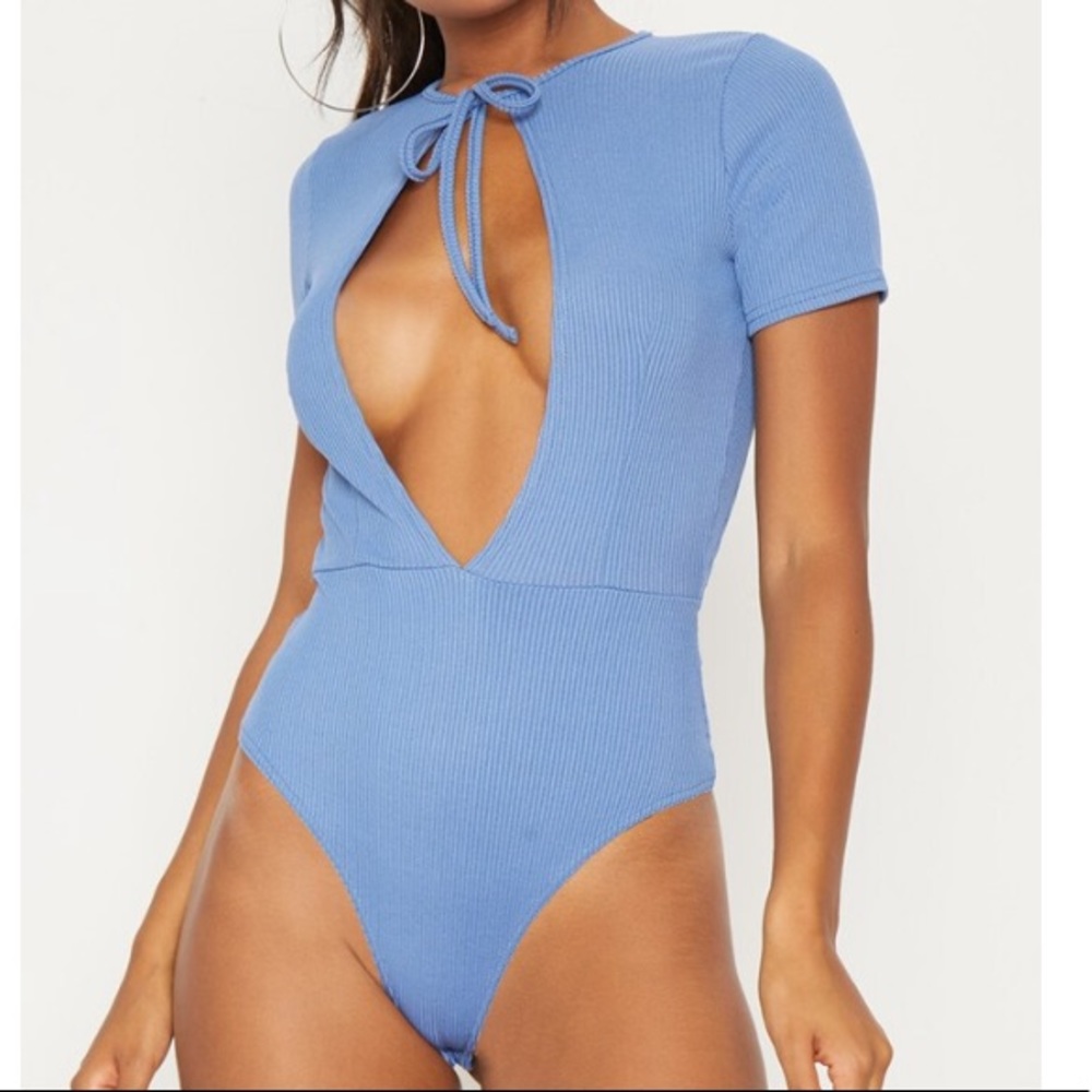 Blue Rib Keyhole Tie Detail Bodysuit